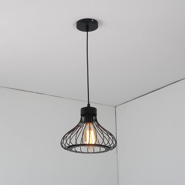 Industrial Retro Cage Ceiling Pendant Light, Shades Metal Basket Lamp, Vintage Rustic Black Wire Cage Guard Hanging Lighting Fixture for Kitchen Island Loft Restaurant