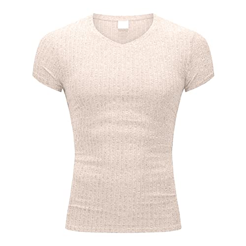 Men's Fashion Athletic T Shirt Workout Muscle Shirts V-Neck Solid Color Tee Shirt Top Beige #TOP2