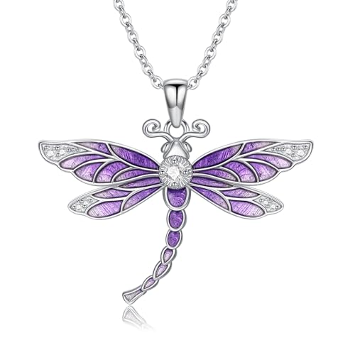 LWXIE Diamond Dragonfly Necklace for Women 925 Sterling Silver Purple Dragonfly Pendant Necklaces with Lab Grown Diamonds Jewelry Gifts