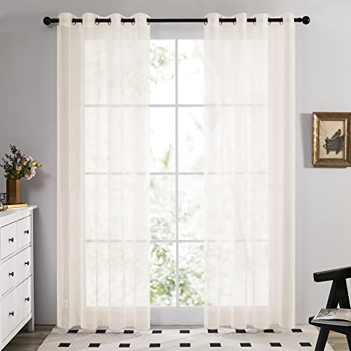 Deconovo Soild Eyelet Semi Transparent Net Curtains Super Soft Voile Curtains Decorative Sheer Curtans 55 x 96 Inch Beige 2 Panels