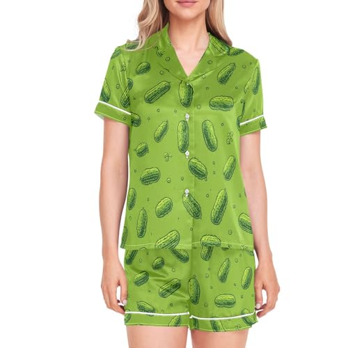 Image of Womens Silk Satin Pajamas Set Western Theme Womens Short Sleeve Shorts Set 2 Piece Sleepwear Lounge Set S-XXL