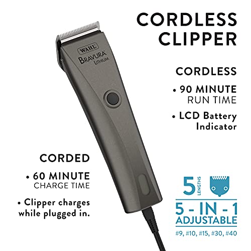 Wahl Professional Animal Bravura Lithium Ion Clipper - Pet, Dog, Cat, And Horse Corded/Cordless Clipper Kit, Gunmetal (41870-0425) #TOP2