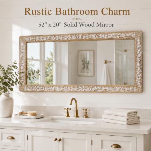 Image of Rustic Solid Wood Wall Mirror, Bathroom Vanity Mirror, Farmhouse Decorative Mirror for Home, Vertical & Horizontal Hanging, Wood Finish 52x20x1.25 inch White Antique