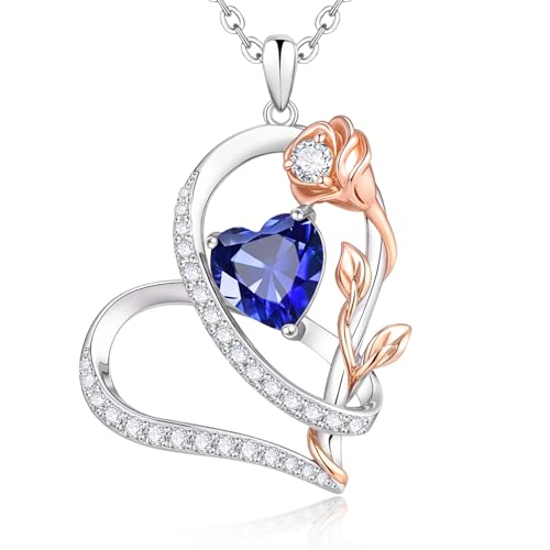 Rose Heart Birthstone Necklace for Women - Dainty 925 Sterling Silver Necklaces for Women Trendy CZ Pendant Necklace Jewelry Birthday Anniversary Christmas Gifts for Girlfriend Mom Lady Daughter