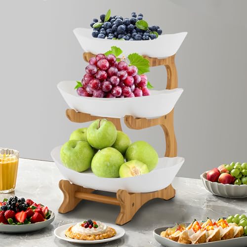 WSIKGHU Obstschalen Obst Etagere 3 Stöckig Obstteller Oval Bambusholz...