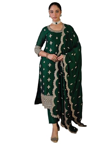 Image of INDO ERA Women's Straight Silk Blend Ethnic Motifs Embroidered Kurta & Pant with Dupatta Set (IESTR10550)