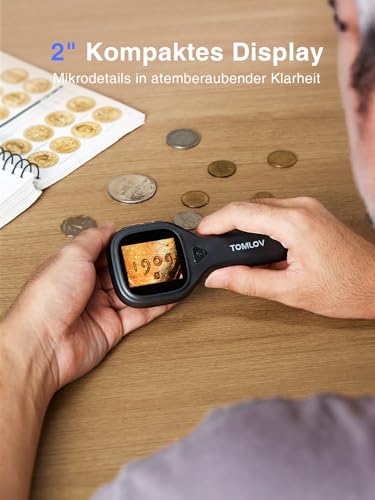 TOMLOV P10 Evo Mikroskop für Erwachsene & Kinder, Tragbare Handlupe mit 2 IPS Bildschirm für Münzen, Insekten & Pflanzen, Juwelierlupe mit Licht, Kompatibel mit Windows/macOS – Schwarz