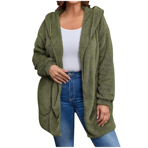 Cardigan for Women Sherpa Fuzzy Fleece Warm Hooded Open Front Long Hoodie Jacket Lightweight Casual Winter Jackets (Army Green,Large)