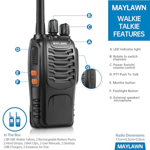 Maylawn Walkie Talkies Long Range 2Pcs, Walkie Talkies for Adults with Rechargeable Batteries, 2 Way Radio with LED Light Earpieces 16CH Supports VOX Function - Image 3