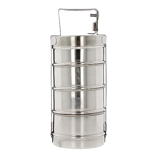 Indian Tiffin Stainless Steel 3/4 Tier Lunch Box Multi Layer Stackable Round Containers Tiffin Hot Food Carrier Tins Lunch Storage Portable for Kids Adults Work Office School Picnic (4 Tier)