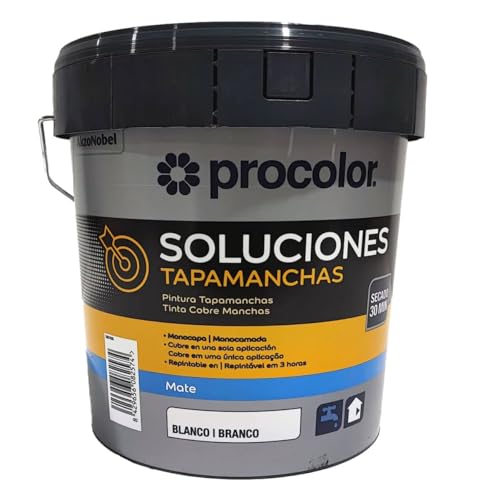 Pintura tapamanchas blanca al agua, especialmente indicada para aislar manchas difíciles en paredes y techos 4 L.