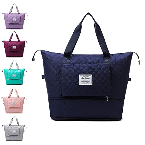 Large Capacity Folding Travel Bag, Folding Travel Bags Lightweight Waterproof Suitcase Carry on Luggage Bags, Foldable Overnight Duffel Bag for Weekender Overnight Sports Gym Bag (Dark blue)