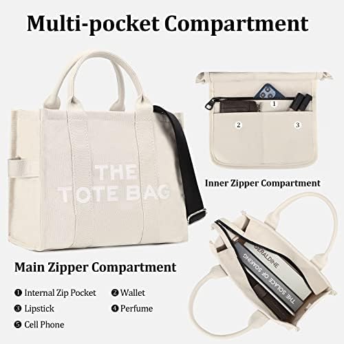 Women's Canvas Tote Bags Casual Canvas Crossbody Bag With Zipper Double Shoulder Straps Canvas Shoulder Bags for School Shopping Work Travel