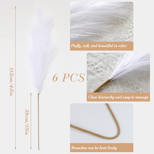 YiYa Artificial Pampas Grass Decoration 6 Pcs 113CM Large Pampas Grass Stems White Fluffy Artificial Pampas Grass for Floor Vases Tall Plant Flowers Boho Home Decor Office Decor(White) - Image 2