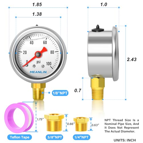 meanlin measure 0100psi stainless steel 1534 face dial glycerin filled pressure gauge liquid filled water oil air lower mount with 1834 x 1434 npt and 1834 x 3834 npt hex bushing