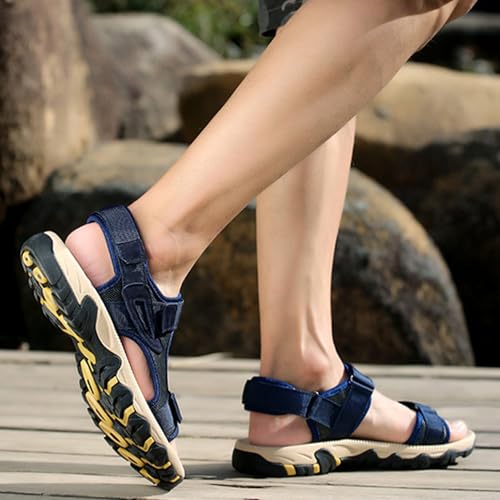 MILDSEVEN Large Size Men's Open-Toe Sandals, Hollow Out Real Leather Hiking Sandals, Fashion Backpacking Beach Shoes,8,Blue4