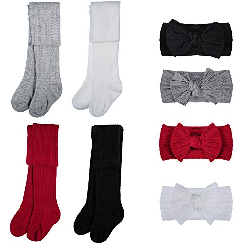 3 Pairs Baby Girls Tights Cable Knit Leggings Stockings And Bow Headbands (Black, White, Grey, Red, 0-12 Months) #TOP1