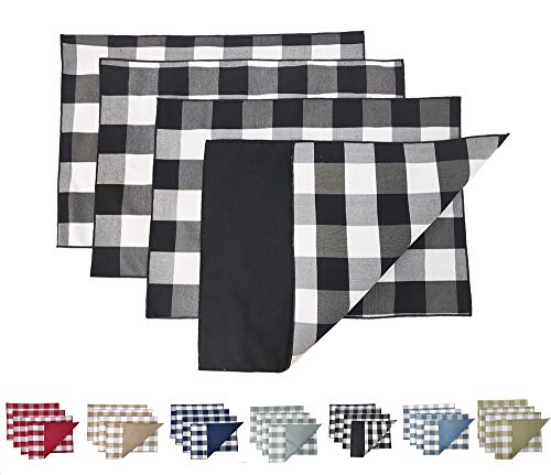 Fennco Styles Buffalo Check Double Layers Reversible Placemats 14" W X 20" L, Set Of 4 - Handmade In Usa - Navy Blue Plaid Table Mats For Everyday Use, Banquet, Holiday, Special Occasion #TOP6