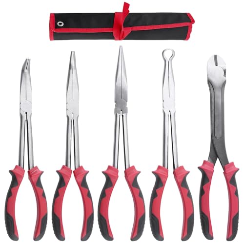 LEONTOOL 5PCS 11 Inch Extra Long Needle Nose Pliers Set, Long Reach Straight, 45° & 90° Bent, Circle, Diagonal Pliers for Narrow Spaces