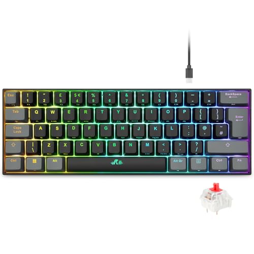 Rii RK802 Wireless Gaming keyboard, Rechargeable Mechanical Keyboard Bluetooth 5.0/2.4G/Wired 60% UK Layout 62 Keys with RGB backlit Red Switch Keyboard for PC Windows Mac
