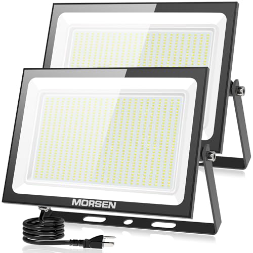 MORSEN 500W Flood Lights Outdoor, 60000lm Bright LED Work Light with Plug, 6500K Daylight White LED Flood Lighting, IP66 Waterproof Security Yard Lights for Yard Garage Stadium 2 Pack