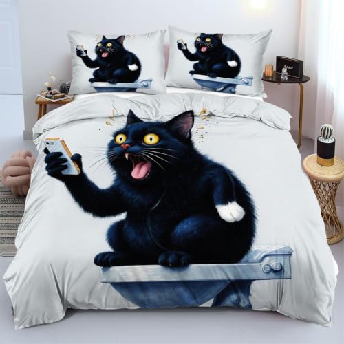 Housse de Couette Chat Noir 240x260 Microfibre pour Dormir Plus Confortablement