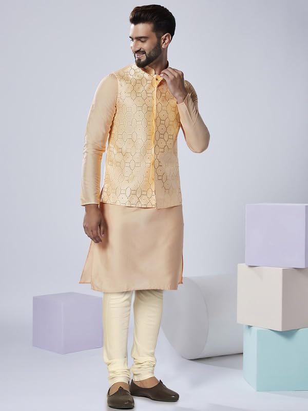 Image of KISAH Men Printed Kurta Jacket Set, Full Sleaves, Knee Length, Straight, Regular Fit, Mandarin Collar Ethnic Wear