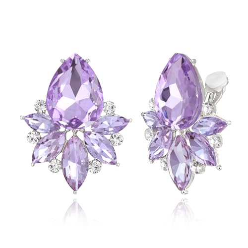 Image of EVER FAITH Vintage Rhinestone Clip On Stud Earrings for Women, Fancy Crystal Cluster Teardrop Art Deco Non Pierced Earring for Wedding Bridal Brides Light Purple Silver-Tone