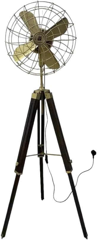 Vintage Style Wooden Tripod Floor Fan, Brass Metal, Adjustable Height Stand, Nautical Industrial Decor, Standing Corner Accent