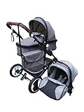 Lieferumfang: Babyschale, Babywanne mit abnehmbaren Wetterverdeck, Sportsitz, Sonnenschutz für Babyschale, Moskitonetz, Regencape, Wickeltasche, Kinderwagengestell mit verstellbaren Griff