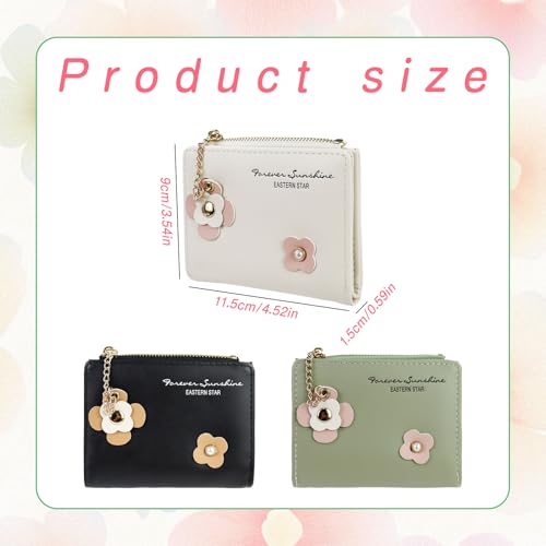 Small Purses for Women, PU Compact Bi-fold Wallet with Zipper Coin Pocket Exquisite Ladies Purse with Floral Buckle Design(White)3