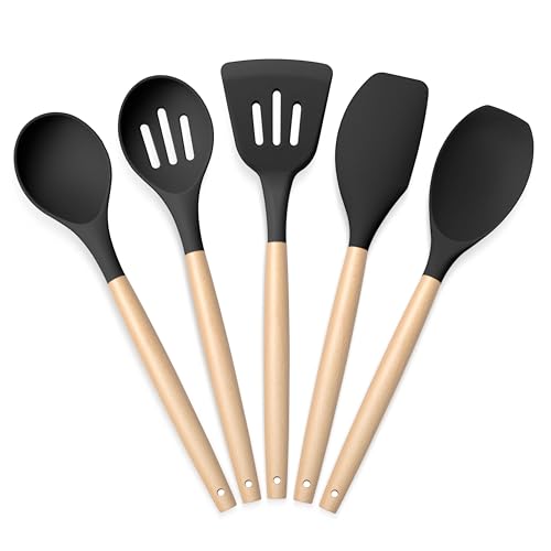 Onader Silicone Kitchen Utensils Set, 5 Piece Wooden Handle Cooking Utensils, Non-Stick Spatula Spoon Turner Safe for Cookware, Non-Toxic & Heat Proof, Black Onader Silicone Kitchen Utensils Set, 5 Piece Wooden Handle Cooking Utensils, Non-Stick Spatula Spoon Turner Safe for Cookware, Non-Toxic & Heat Proof, Black