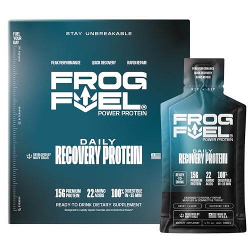 Frog Fuel Power Regular Protein Shot, 15g Protein Nano-Hydrolyzed Grass Fed Collagen, Post Workout, Gluten Free, Fat & Sugar Free, 22 Amino Acids, 0 Carbs, Berry, 1 oz Packets, 24 Pack