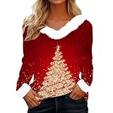 Sudaderas Mujer 2024 Navidad Rojo Jerseys Navideños Familiares Tops Camisola Natal Cuello V Polar Sweatshirt Manga Larga Navideña Pullover Ugly Christmas Sweater Talla Grande Blusa Barato Camisa