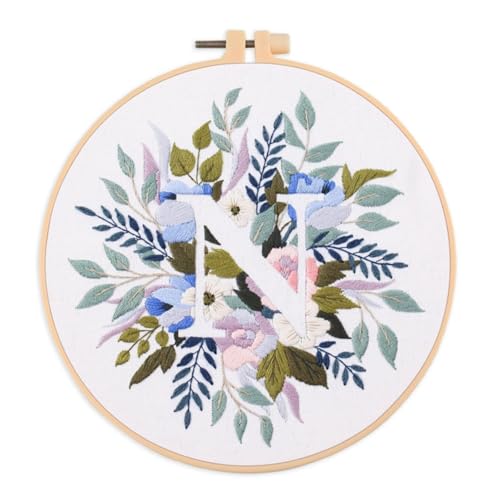 Image of IUHUI Embroidery Kit for Beginners Adults - 26 Floral Letters Easy Patterns, DIY Hand Stitching Embroidery Set with Hoop (Flower and Grass Letter N)