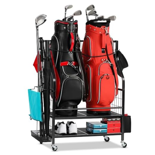 EXTCCT Golf Bag Storage Garage Organizer- Golf Bag Stand Fit for 2 Golf Bags and Golf Clubs, Golf Balls, Golf Equipment Accessories, Extra Large Golf Bag Storage Rack for Garage, Club, Shed, Basement