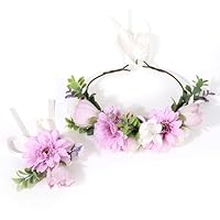 LIULINY 2 Pezzi Corona di Fiori Bianchi, Corona di Fiori con Regolabile Nastro, Coroncina di Floreale Bambina con Bracciale, Fascia Floreale da Sposa, per Matrimonio Riprese Cerimonia Festa (Viola)