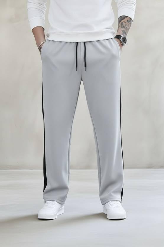 Image of Men's Cotton Blend Track Pants, Black with White Side Stripe, Drawstring Waist, Relaxed Fit Joggers