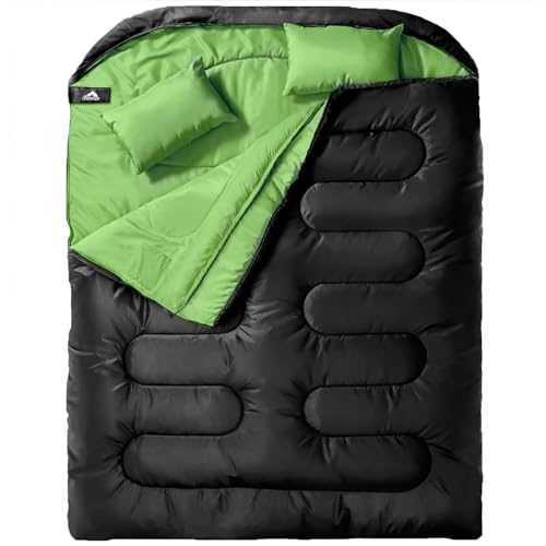 MEREZA Double Sleeping Bag for Adults Mens with Pillow, XL Queen Size Two Person Sleeping Bag for All Season Camping Hiking Backpacking 2 Person Sleeping Bags for Cold Weather Warm