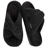LongBay Womens Orthopedic Arch Support Slippers Fuzzy Open Toe Memory Foam House Shoes Bow Crossbands Indoor Bedroom Slides Gift Black, 7-8