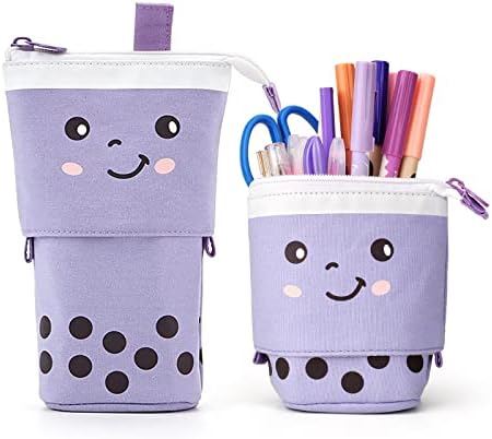 Maomaoyu Cute Cartoon Stand up Pencil & Pen Case Box Pouch, Portable Art School Office Cosmetic Bag, Large Lightweight Canvas Holder for Kids Students Adults Girls Boys Gifts, Purple&Dot