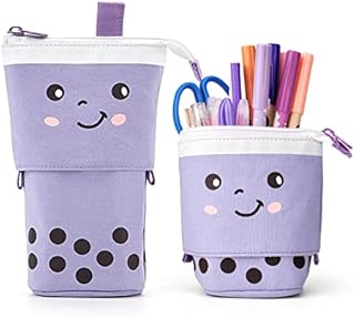 Maomaoyu Cute Cartoon Stand up Pencil & Pen Case Box Pouch, Portable Art School Office Cosmetic Bag, Large Lightweight Canvas Holder for Kids Students Adults Girls Boys Gifts, Purple&Dot