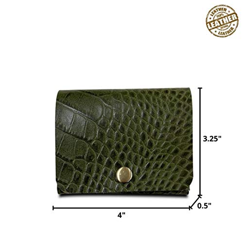Image of STRUTT Croc Textured Genuine Leather Batua Wallet for Men & Women | Handcrafted Green Leather Cash & Card Holder | Snap Button Closure | Compact Ethnic Money Pouch