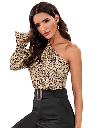 SheIn Women's Leopard One Shoulder Ruffle Trim Blouse Long Sleeve Top Leopard X-Small