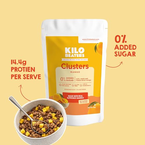 Image of Kilobeaters Mango Breakfast Clusters with Real Freeze-Dried Alphonso Mango | High Protein Granola | No Added Sugar | Gluten Free | Healthy Cereal for Breakfast & Snacking, 1Kg
