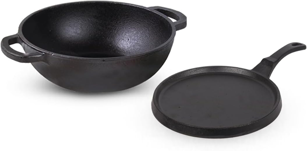 The Indus Valley Pre-Seasoned Cast Iron Cookware Set | Kadai (25.4 cm) + Tawa (25.5 cm) | Pack of 2 | Nonstick, Pre-Seasoned Cookware, 100% Pure & Toxin-Free, No Chemical Coating