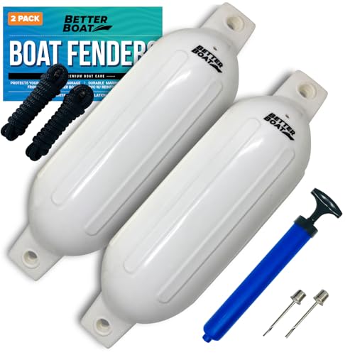 Better Boat Boat Fenders for Docking 2 Pack, 23" x 6.5" Inflatable White Boat Bumpers with Pump and Lines, Dock Bumpers for Pontoon Boats