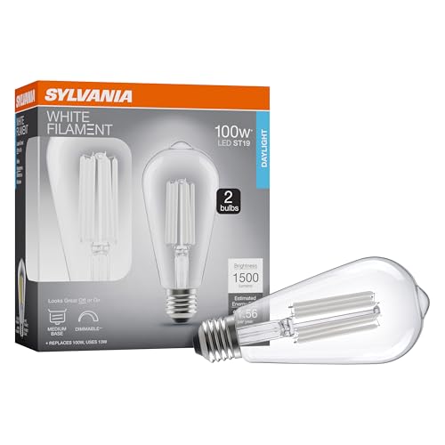 SYLVANIA ST19 Clear LED White Filament Bulb, 13W, Dimmable, 1500 LMS, Medium Base, 5000K, Daylight - 2 Pack (42251) by LEDVANCE - Used condition - CA$17.56