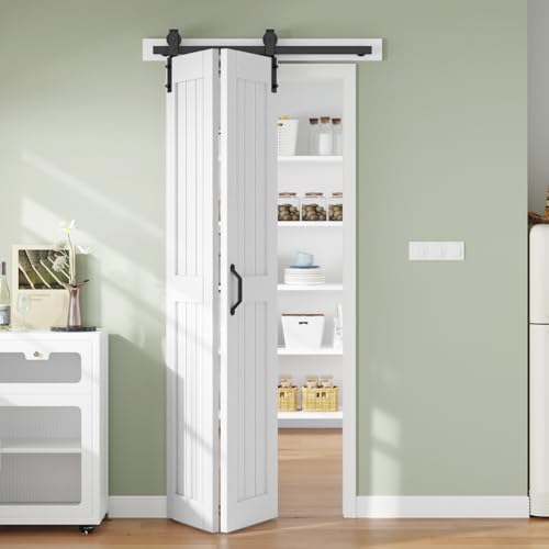 Finosen Bifold Barn Door 36 x 84 in (Double 18 inch)，Bi-fold Sliding Closet Doors with Hardware Track kit Included, 3.3ft Rail for 2 Doors, MDF Wood Panel,PVC Surface, Save Space,DIY Assembly, White