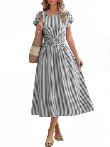 ANRABESS Womens Summer Midi Dress Striped Casual Short Sleeve Crewneck Empire Waist 2026 Flowy Long Beach Dress with Pockets Black White Stripe Large